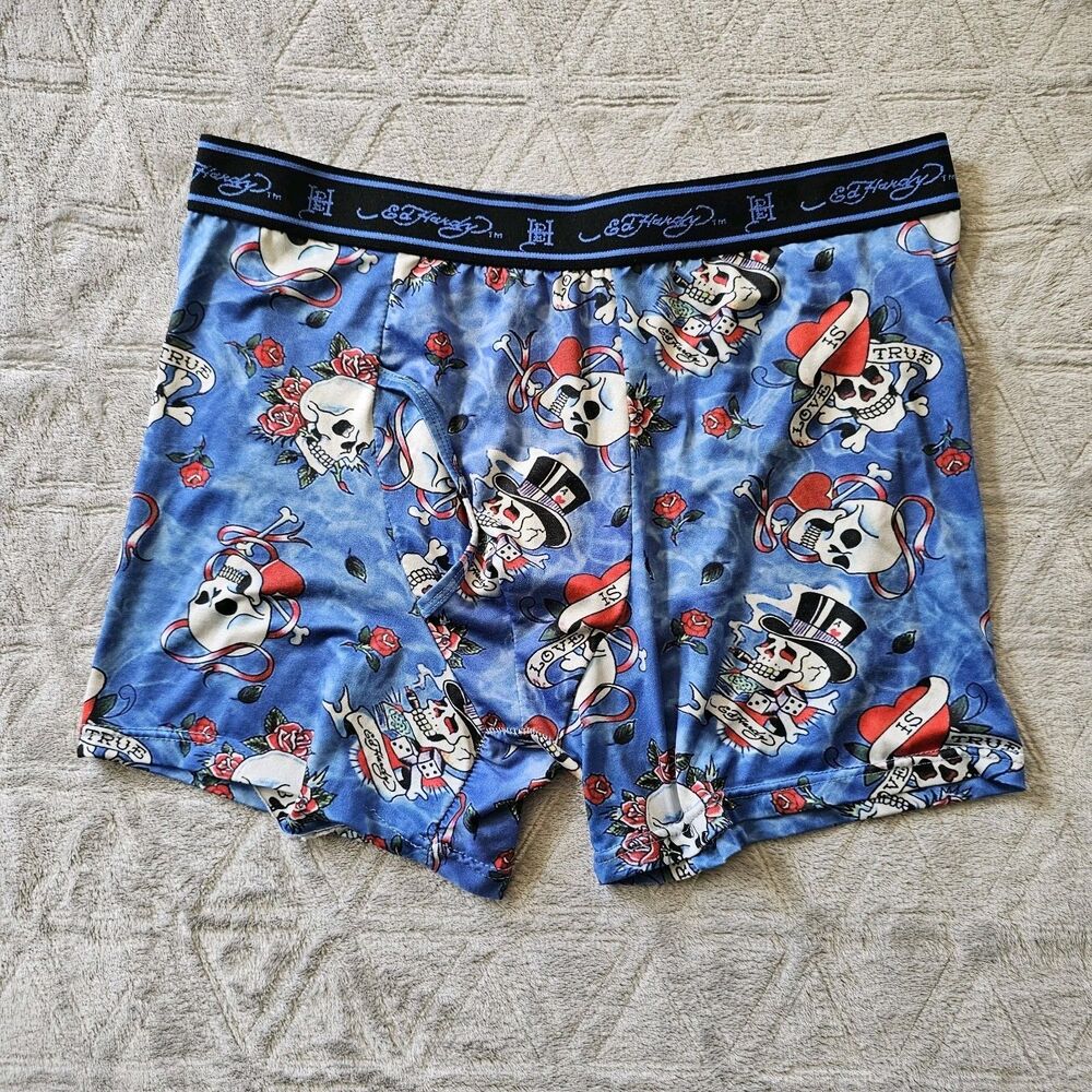 Ed Hardy Men's Size XL Blue Skull Boxer Briefs Logo Waistband Silky Soft